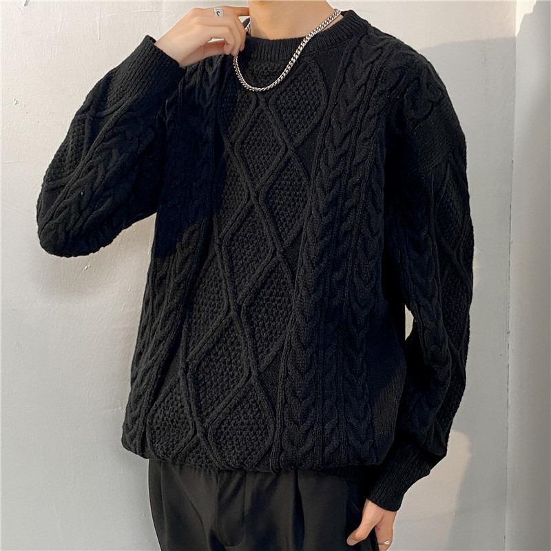 Men's Casual Loose Fit Cable Knit Sweater - Black Autumn/Winter