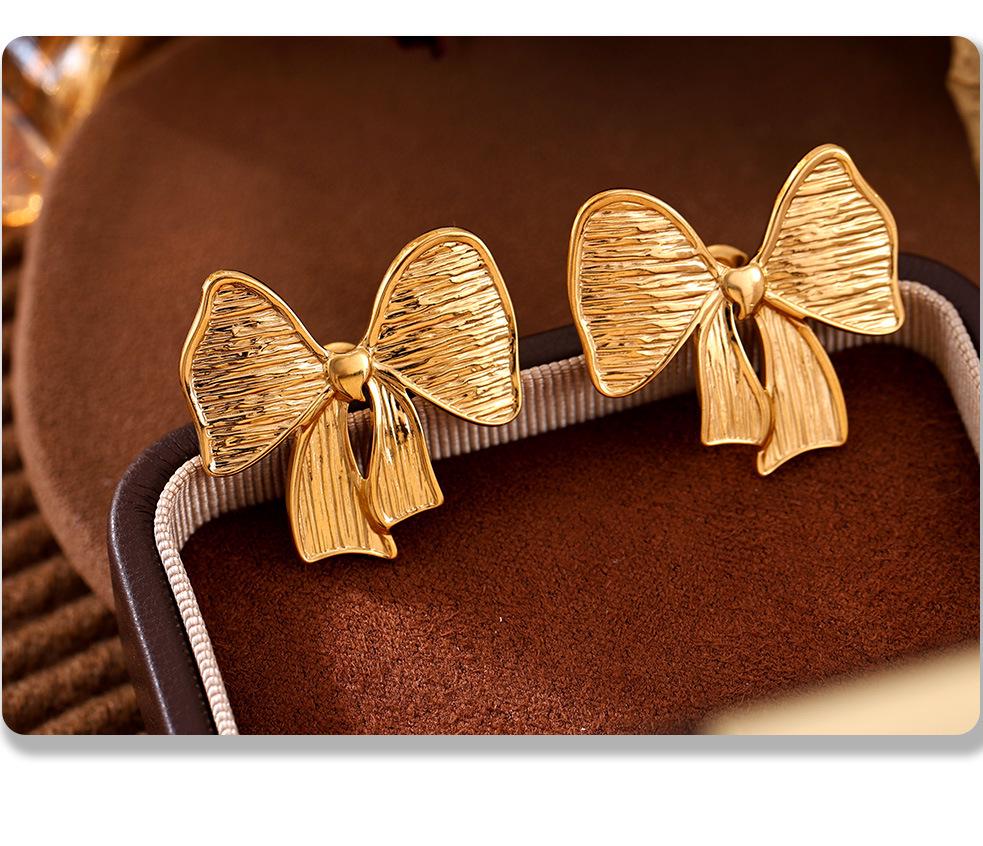 Qiong Yao European Style Bow Stud Earrings, Stainless Steel, Colorfast, Hypoallergenic, Simple Design for Women