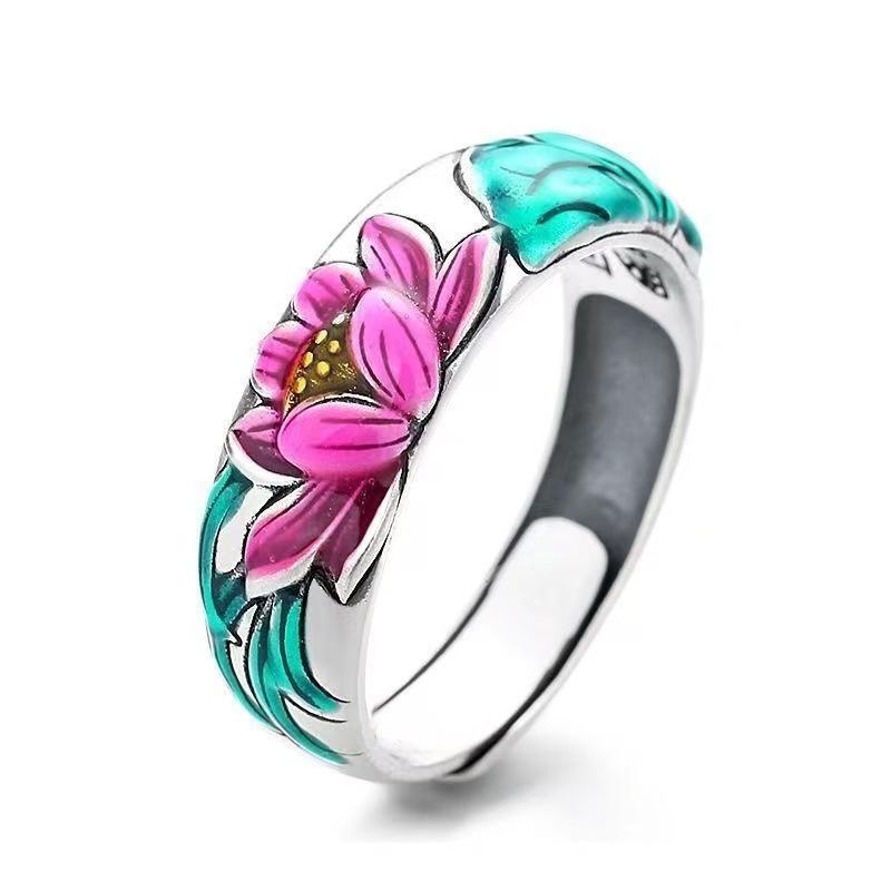 Retro Cloisonné Lotus Enamel Sterling Silver Women s Ring
