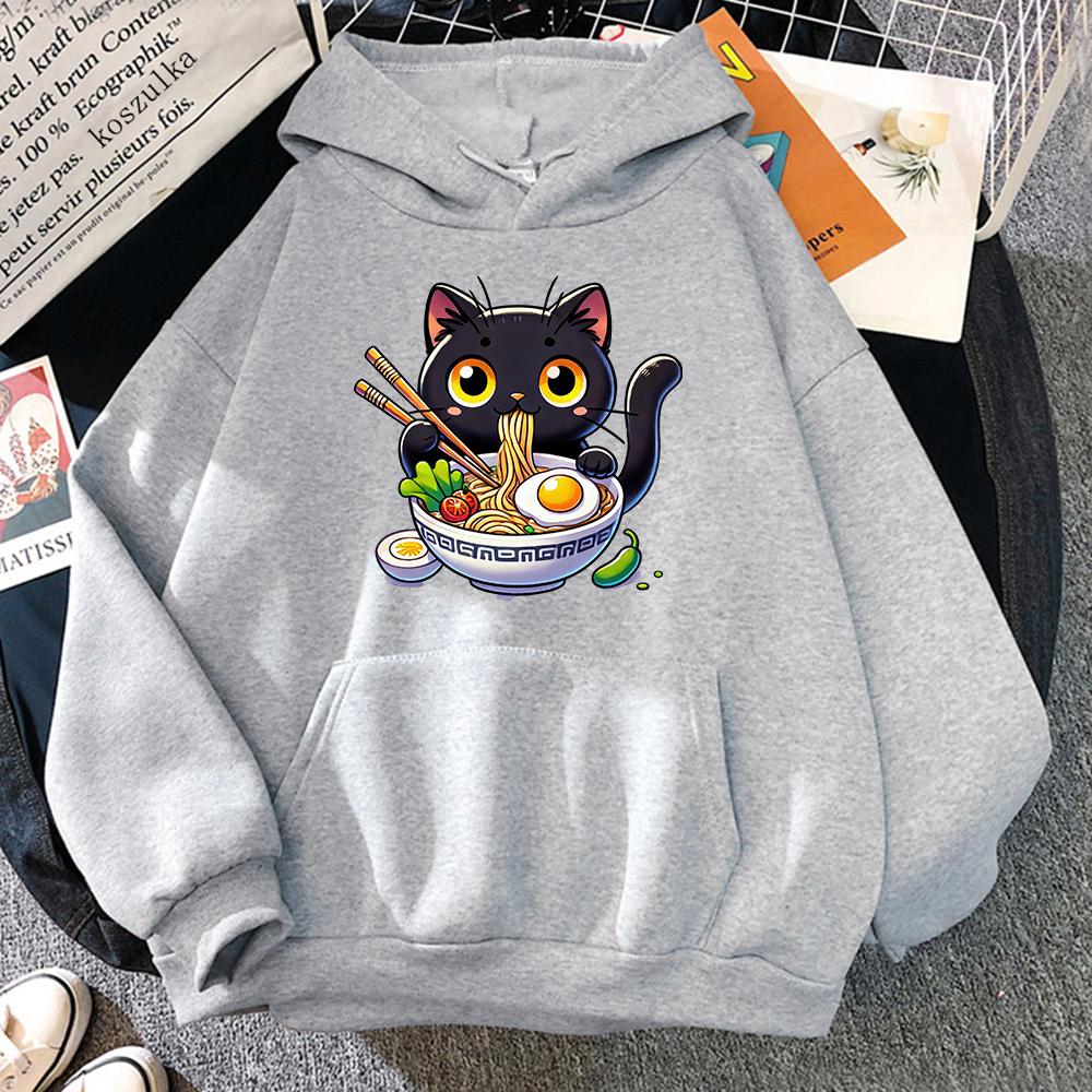 Cat Ramen Hoodie Women Harajuku Funny Cute Graphic Noodle Hoodies Unisex Japanese Anime Aesthetic Noodle Pullovers Sweatshirts