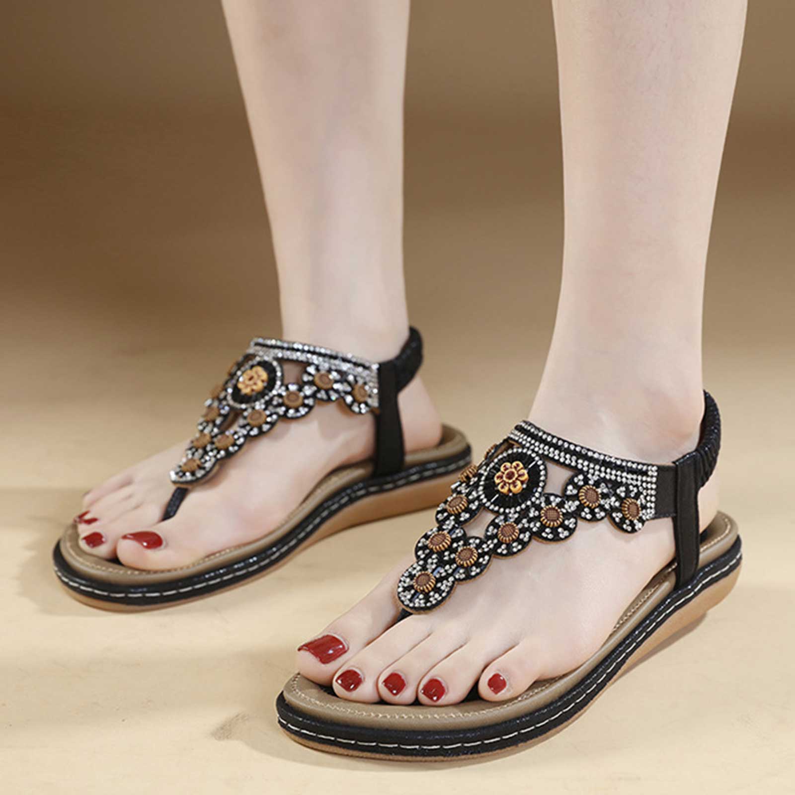 

Vintage Women Flat Sandals Dressy Casual Summer Flats Flips Flops Comfortable Sandal Bohemian Shoes For Woman Holiday Shoe 42 чорний