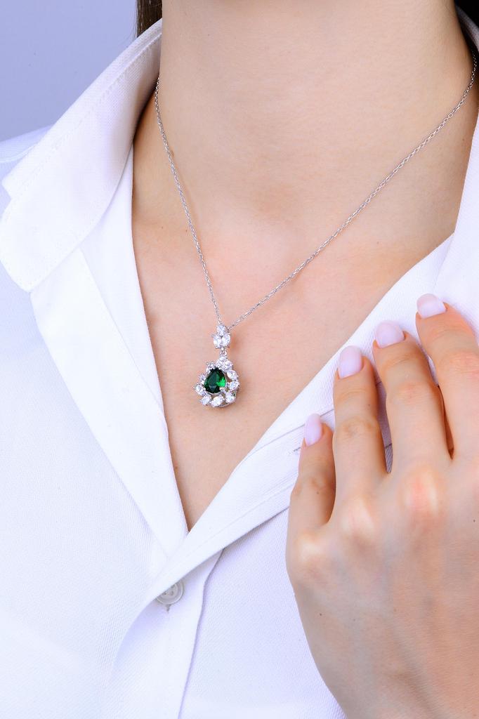 925K Sterling Silver Necklace, Pear Cut Emerald Stone Dangle Drop Pendant for Women, Turkish Artisan Jewelry, Unique Gift Idea for Her