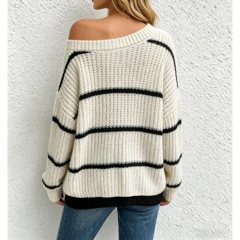 Women Casual Off Shoulder Knit Sweater Loose Fit Long Sleeve Pullover