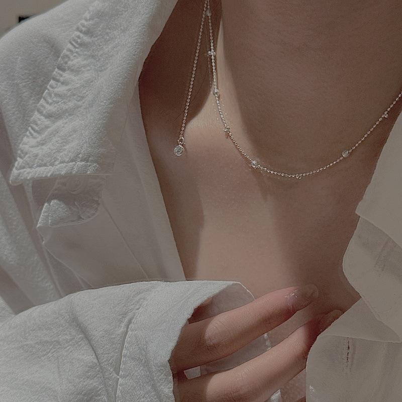 925 Sterling Silver Tassel Pendant Chain Necklace with Cubic Zircon Beads Trendy Long Chain Necklace for Women for Engagement