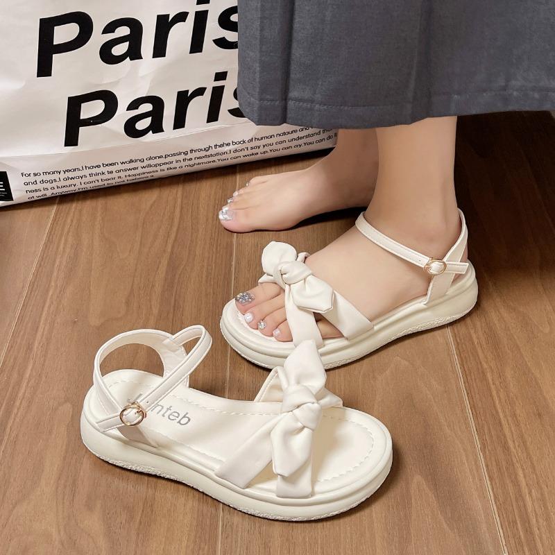 Summer New Sandals Women's Round Head Open Toe Butterfly Knot Soft Soled Platform Flat Shoes