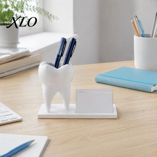 Study Desk Decor 3D Printed Tooth Pen Holder with Business Card Holder, 2 in 1 Stable Countertop Storage Teeth Shape Organizer, Dentist Office Desktop