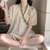 Chinese Style Lace Up Pajama Suit Flower V-Neck Shorts Sleeve Nightwear Women Homewear Loose Two Pieces Sleepwear Sets Home