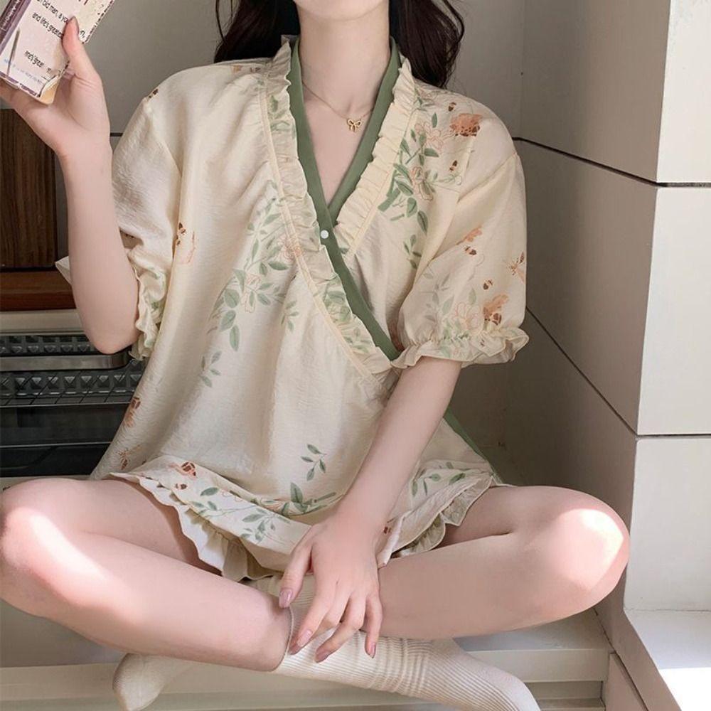 Chinese Style Lace Up Pajama Suit Flower V-Neck Shorts Sleeve Nightwear Women Homewear Loose Two Pieces Sleepwear Sets Home