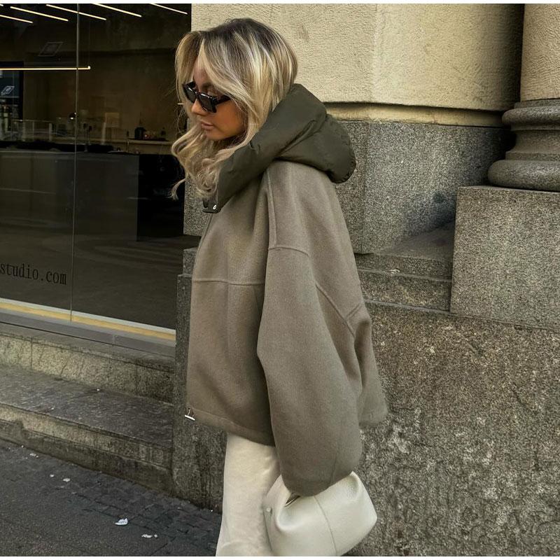 Casual Loose Women Hooded Detachable Cap Crewneck Double-sided Jackets Patchwork Zipper Long Sleeved Warm Coats Autumn Winter Lady Street Outerwear