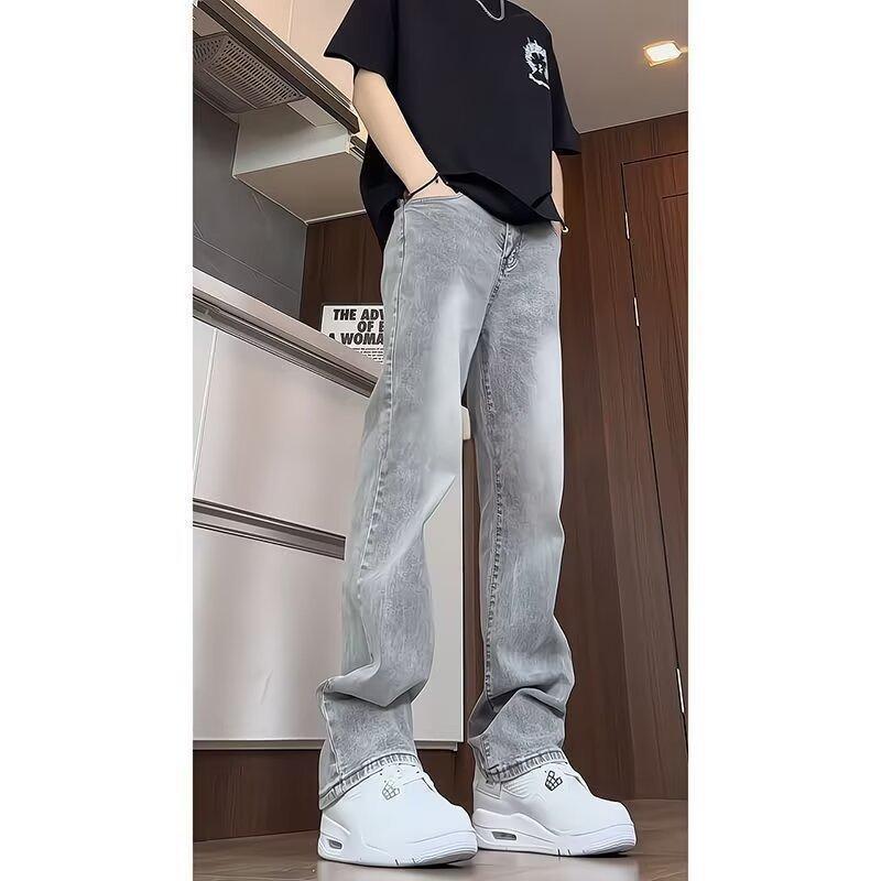 Cement smoke gray jeans men's spring and summer tide brand American retro high street vibe straight micro-pull versatile pants