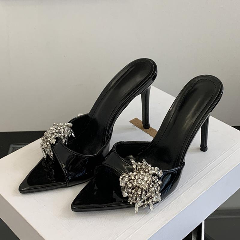 Designer Red Patent Leather Women Slippers Sandals Sexy Pointed Open Toe Rhinestone High Heels Summer Party Dress Shoes