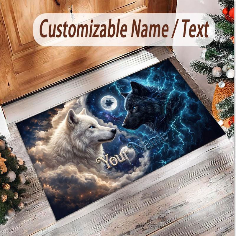 Wolf Theme Soft Crystal Velvet Rug Custom Name & Text Print Non Slip Floor Rug for Bedroom Living Room