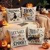 Halloween Decorative Pillow Cover Linen Fabric Indoor Sofa Cushion Case with Witch Ghost Pumpkin Spider Web Design for Autumn Seasonal Home Decor