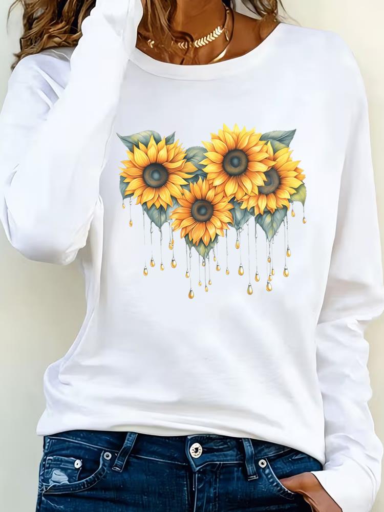 (Asian Size) flower style Clothing Casual  Tee Lady Printed o-neck Long Sleeve T Shirt Women Female Fashion Top Graphic T-shirts