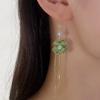 Spring/Summer Green Cat's Eye Tassel Earrings - Four-Leaf Flower Design, Anti-Loss Thread for Women
