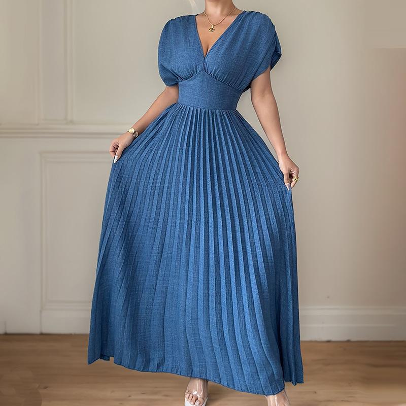 

Elegant short-sleeved women s dress pleated solid color long dress, good for daily commuting, women s spring new models S синий