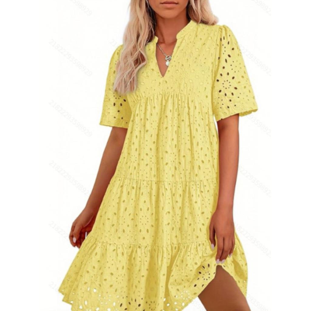 Women's V Neck Puff Short Sleeve Eyelet Loose High Waist British Casual Mini Dress