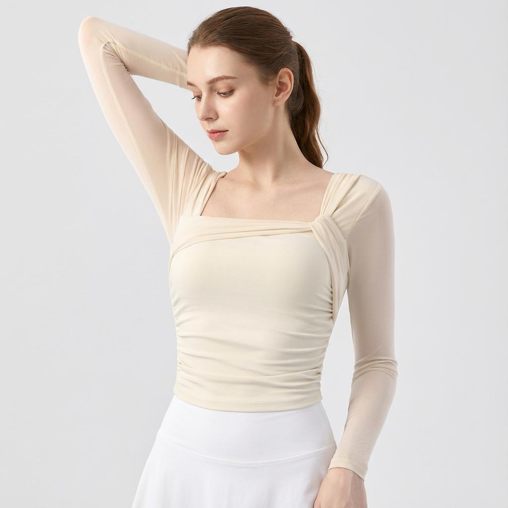 Women's Padded Long Sleeve Yoga Shirt, Crop Top, Sexy Mesh Gym Shirt, Running Workout T-shirt, Fitness Sports, Pilates Wear