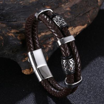 Bracciale Punk a Doppio Strato in Vera Pelle Uomo Accessori in Acciaio Inossidabile Braccialetto Gioielli Viking per Coppie Regali Fatti a Mano BB1356