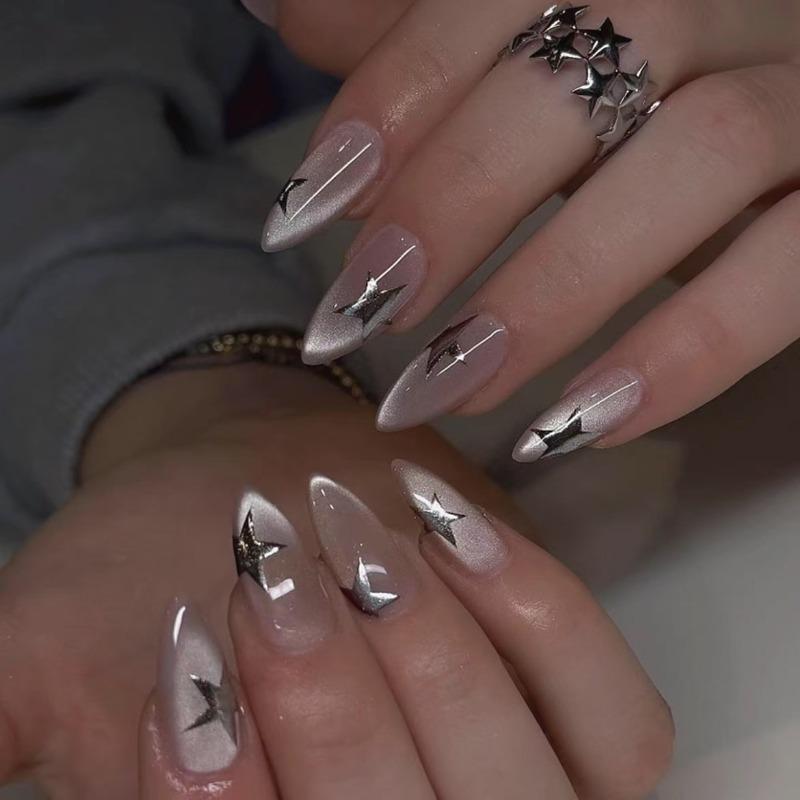 Flash cat's eye short almond nail piece fake nail wholesale 3D three-dimensional silver star nail piece wearing nail