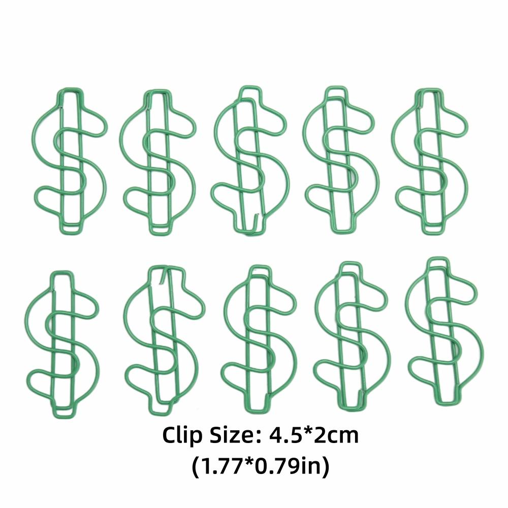 100 Pcs Dollar Shaped Dollar Shape Paper Clips Plastic-coated Metal 4.5*2cm Metal Paper Clips Green Prevent Slip