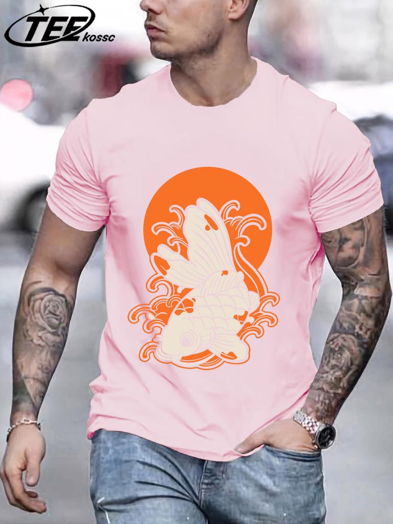 Japanese Harajuku Sunset Koi Men T Shirts Casual Hip Hop Tops Multicolor Cotton TShirt Summer Loose Male Crewneck Short Sleeve