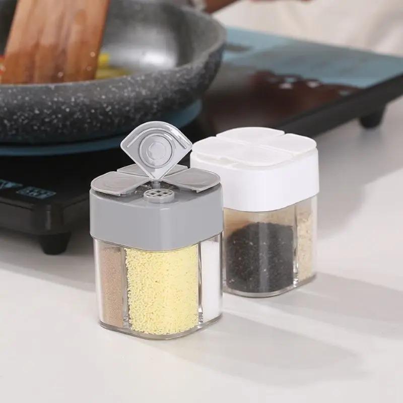 4-In-1 Transparent Spice Dispenser Jar - Lidded 4-Compartment Seasoning Container for Kitchen/Restaurant/Outdoor Cooking
