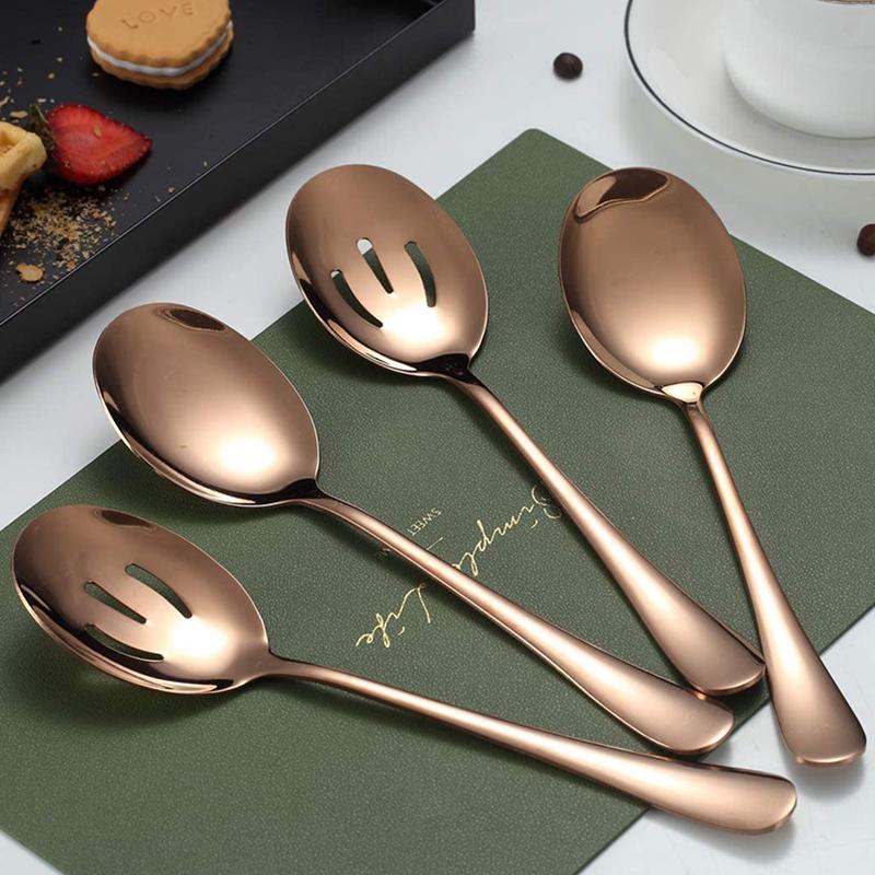 4 Pieces Titanium Plating Serving Spoons Include 2 Spoons And 2 Slotted Spoons Stainless Steel Serving Utensils Flatware