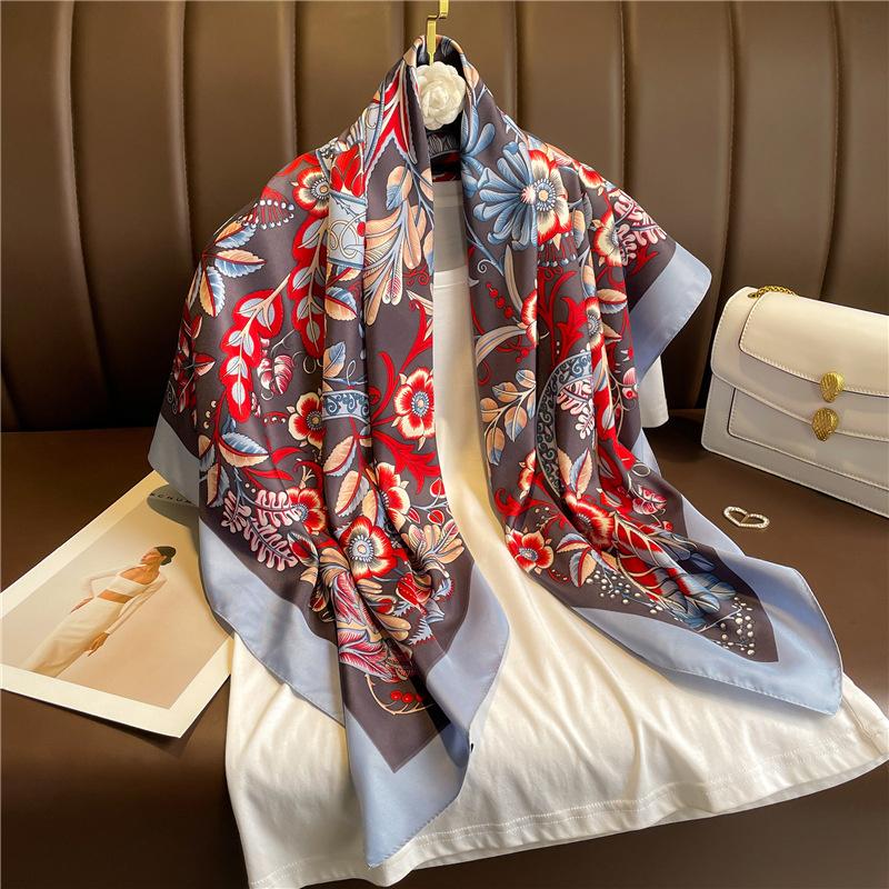 New Silk Scarf Twill Silk Scarf Korean Style Floral Large Shawl 90cm Square Scarf Versatile Scarf Sunscreen Headscarf