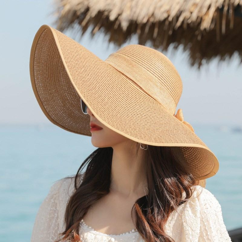 Summer Wide-Brim Sunshade Travel Beach Hat for Women, Bowknot Straw Hat, Sun Protection, Foldable Summer Sun Hat for the Beach