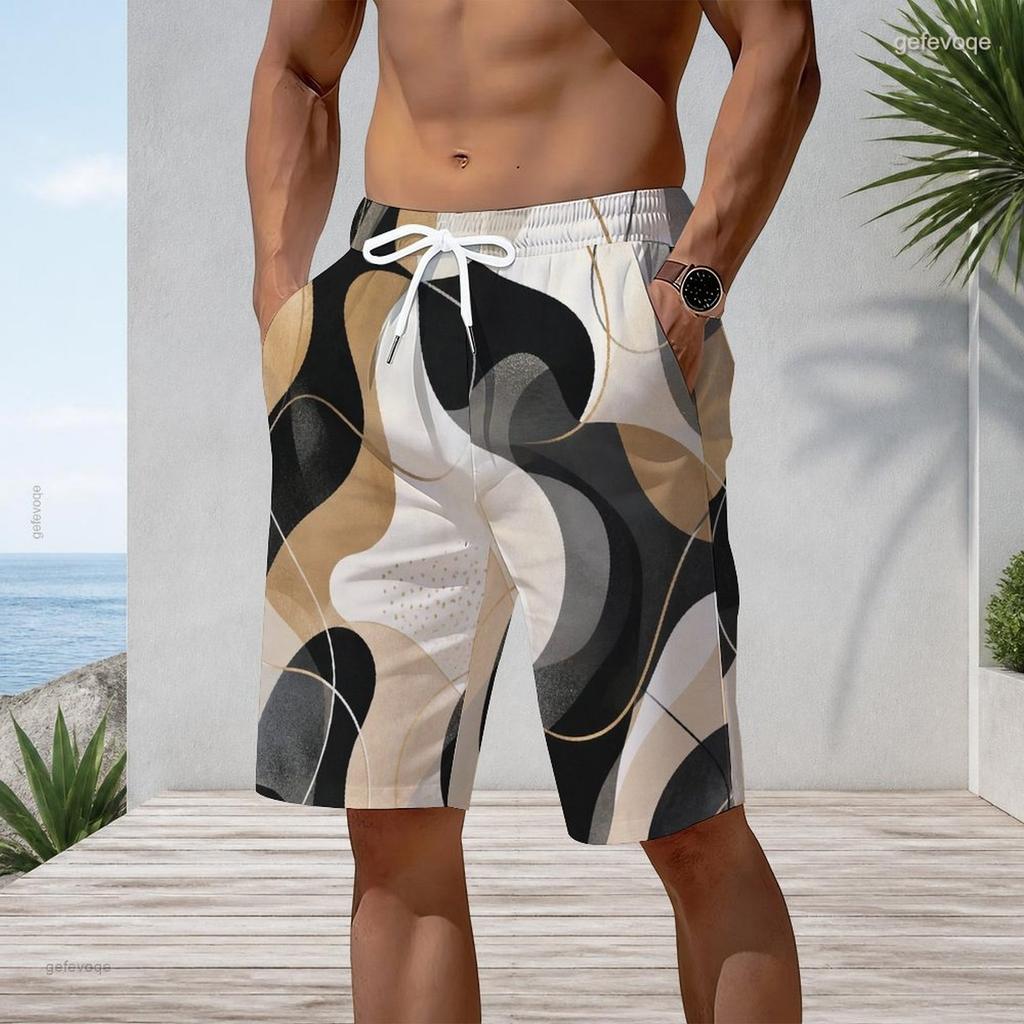 Men S Plus Size Printed Beach Shorts Drawstring Waist Straight Leg With Side Pockets
