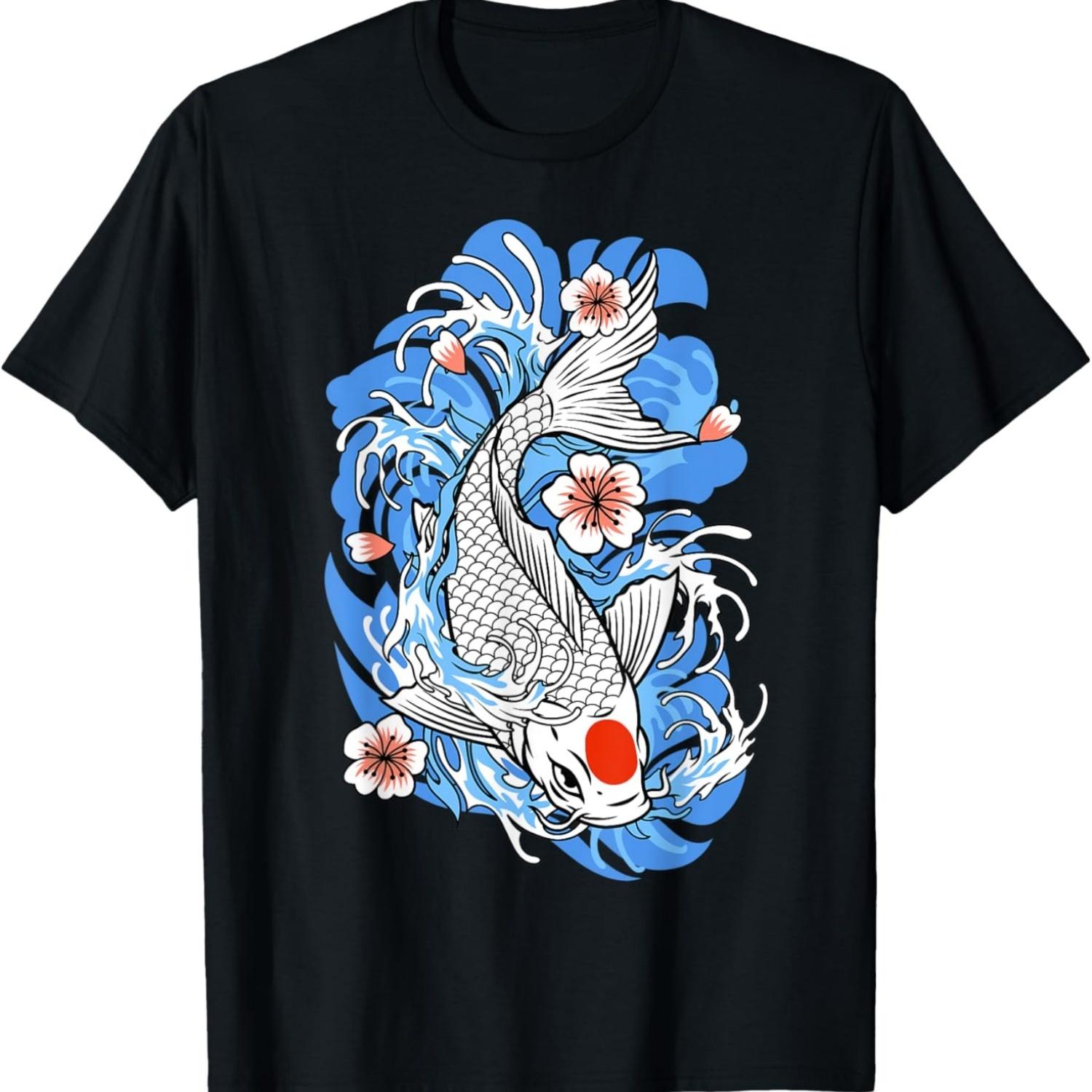 Футболка с изображением карпа кои и цветущей сакуры S чёрный