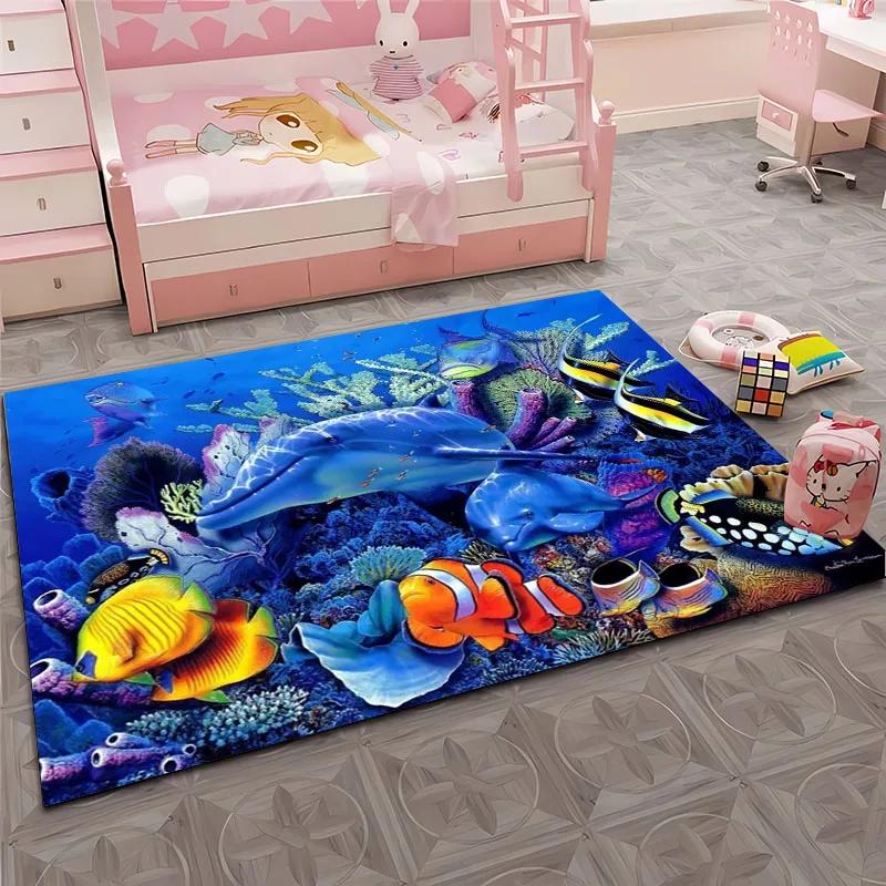 HD Underwater World 3D Illusion Seabed Cartoon Carpet,Rug for Living Room Rug for Bedroom Sofa Doormat Decor Non-slip Floor Mat