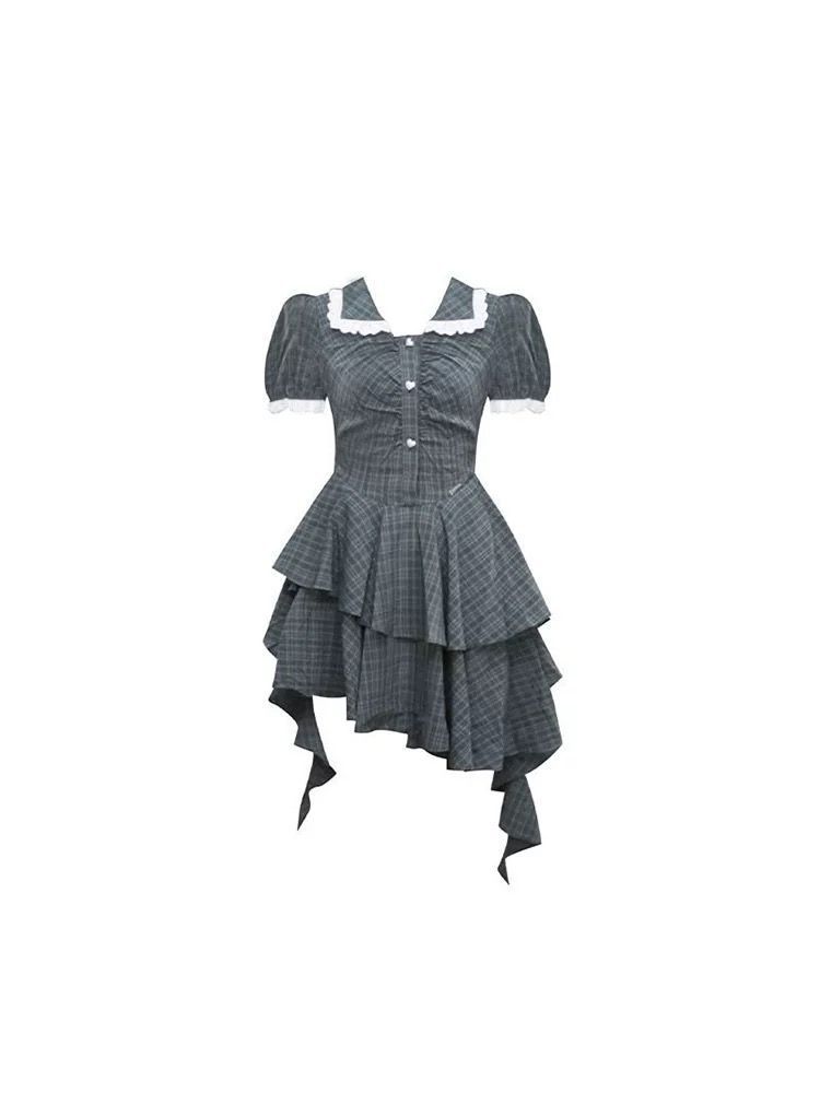 Summer Korean temperament doll collar plaid dress sweet gentle wind waist thin trailing cake dress