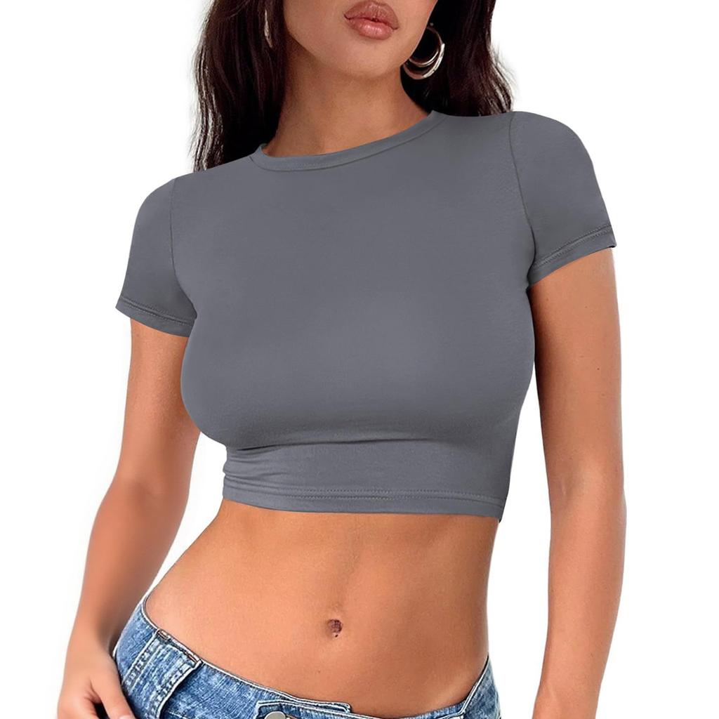 Damenmode Rundhals Halskette T-Shirt Slim Einfarbig Kurzarm Top