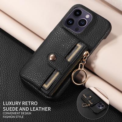 Stilvolle Handyhülle aus Kunstleder für IPhone16 15 14 13 12 11 7 8 XS Serie mit Ring, sturzfest, Kartenfach, Diebstahlschutz-Bürste