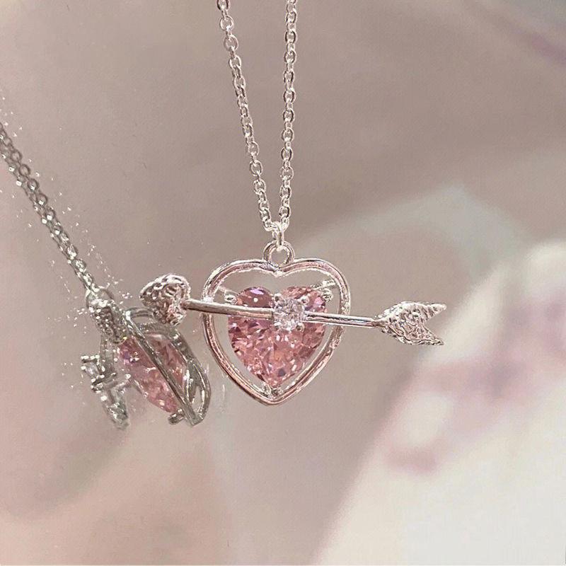 17KM Sweet Pink Zircon Pendant Necklace Heart Bow Chain Choker for Women Jewelry Accessories