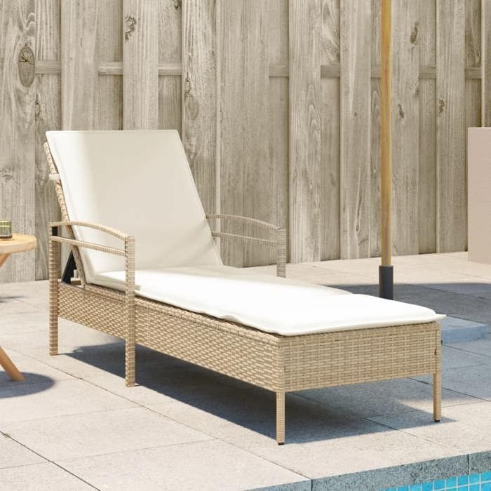 VidaXL Chaise longue avec coussin beige 63x200x81 cm résine tressée, lit de bronzage, chaise longue inclinable, lit de jour 368303