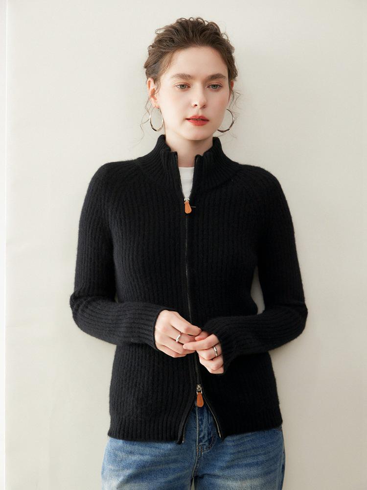 Women's Winter 2026 Double Zipper Slimming Cashmere Cardigan - Half-High Collar Ribbed Gentle Style Outerwear