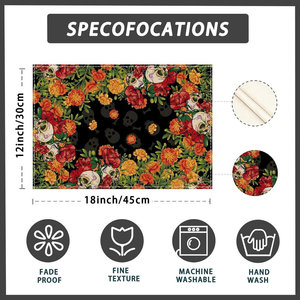Sugar Skull Marigolds Floral Dia De Los Muertos Day of The Dead Mexican Placemats Set of 4 Table Mats for Kitchen Dining Table Decorations 12x18 Inch