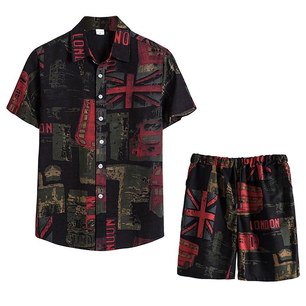 Men’s Summer 2-Piece Beach Printed Short Sleeve Shirts & Shorts Pants Sets