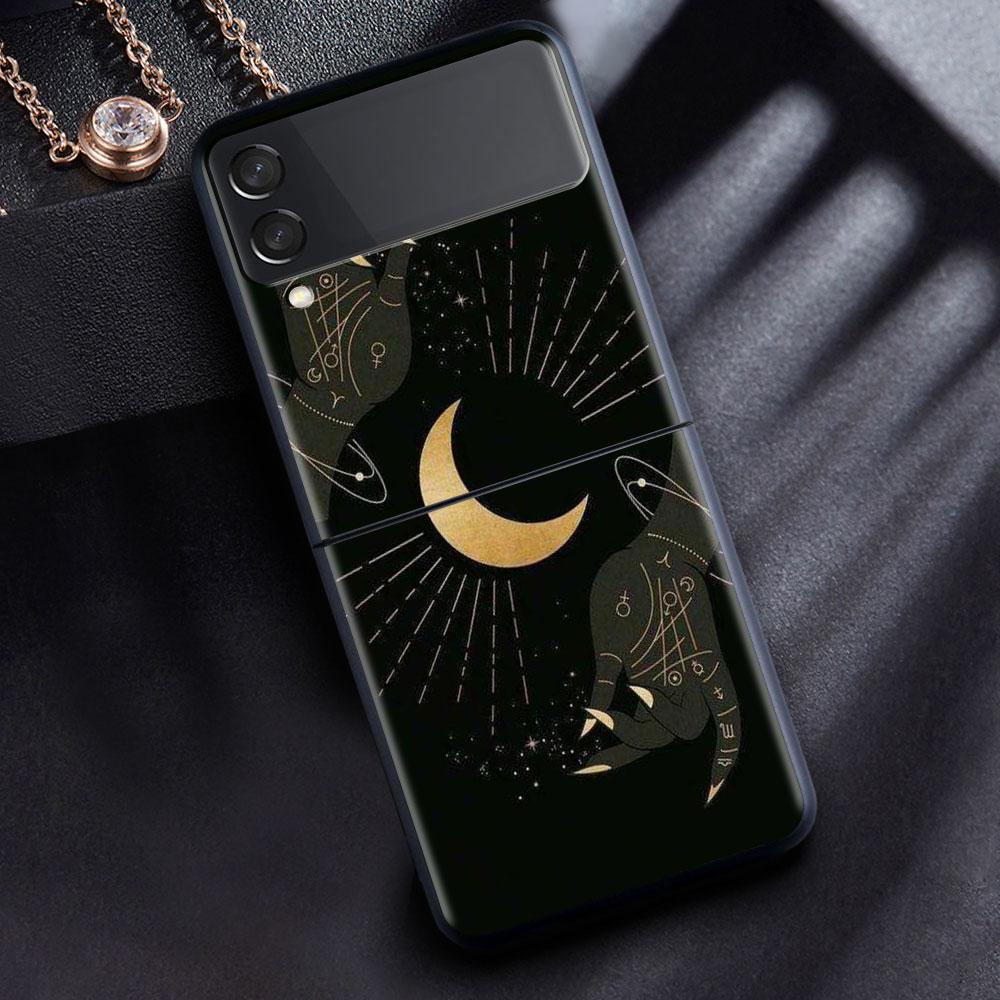 For Samsung Galaxy Z Flip 3 5G Case Luxury Matte Black Hard Phone Cover ZFlip 3 Shockproof Fundas Shell Moon Tarot Mystery Totem