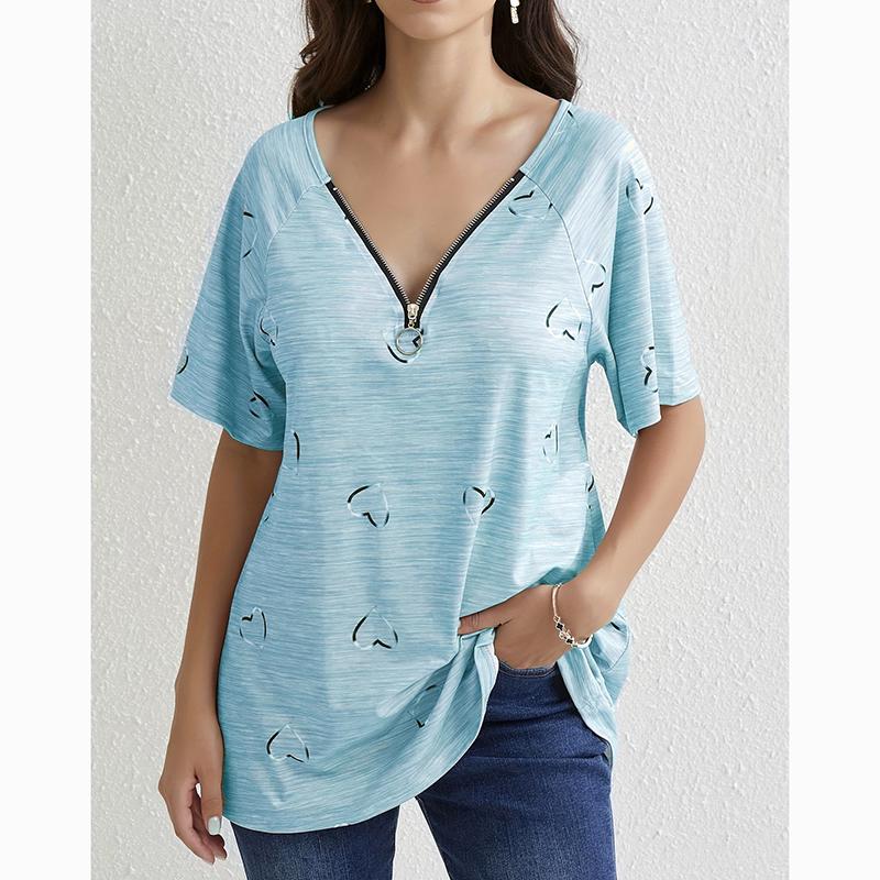 

Весенне-летняя новая рубашка с коротким рукавом на молнии, женские топы, повседневный пуловер с принтом «Любовь», футболка, женская модная элегантная свободная женская блузка 24145 XXL синий