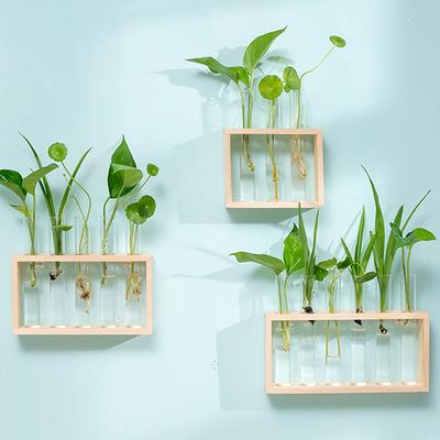 Hydroponik-Pflanzenbehälter mit Holzrahmen Transparente Glas-Reagenzglastube Vase Blumentopf Heimtisch-Bonsai-Dekorationen Handwerk