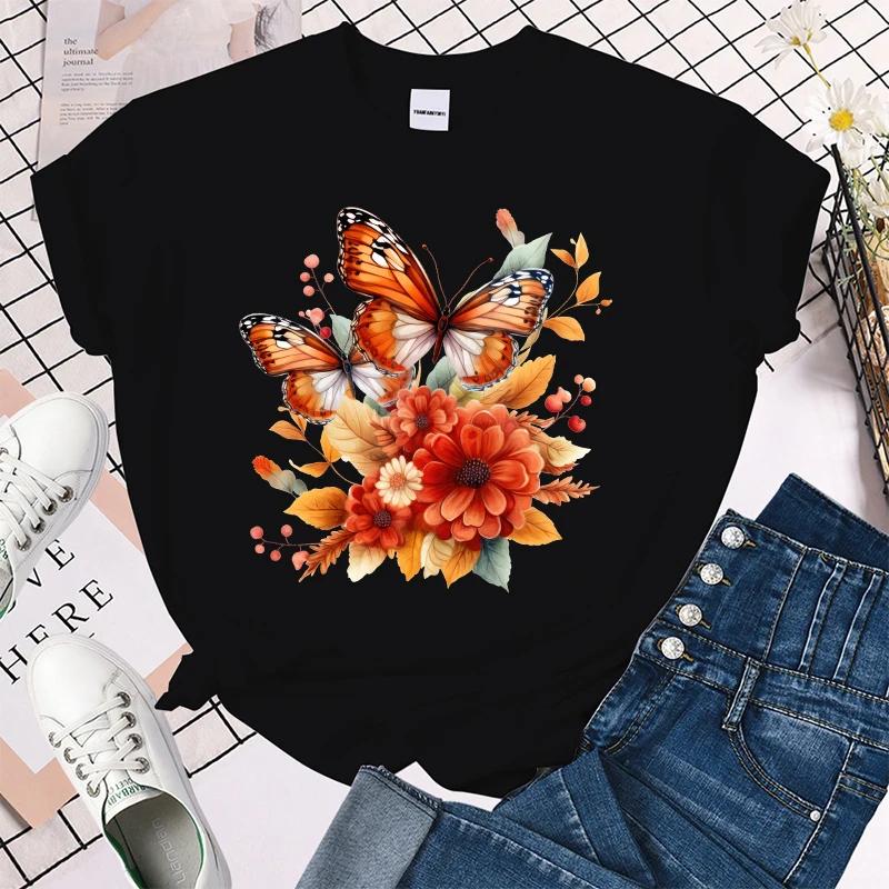 Cute Fall Flower Butterfly Print T Shirts For Women&Girls Casual Round Neck Tees Top Summer Women`S Loose tops