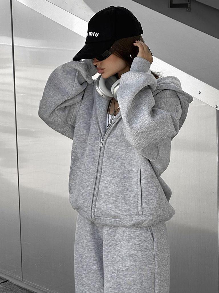 2025 Damen Einfarbiger Kapuzen-Cardigan und Jogger-Set - Europäischer & Amerikanischer Stil Zweiteiler