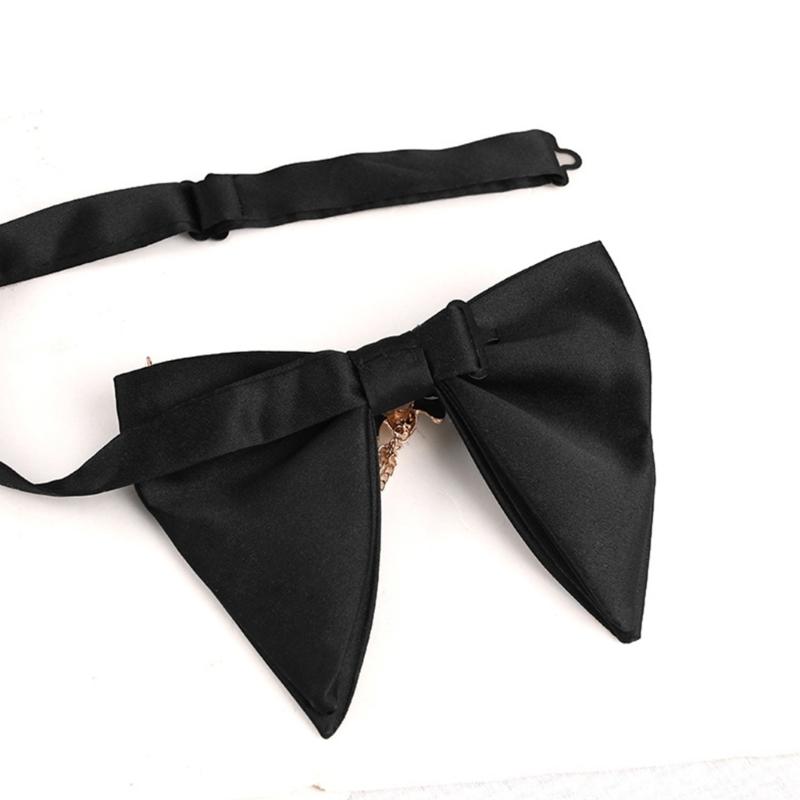 Mens Elegant Black Oversized Bowtie with Pearls Chain Adjustable Pre Tied Horn Bows Tie Tuxedo Necktie for Wedding Party