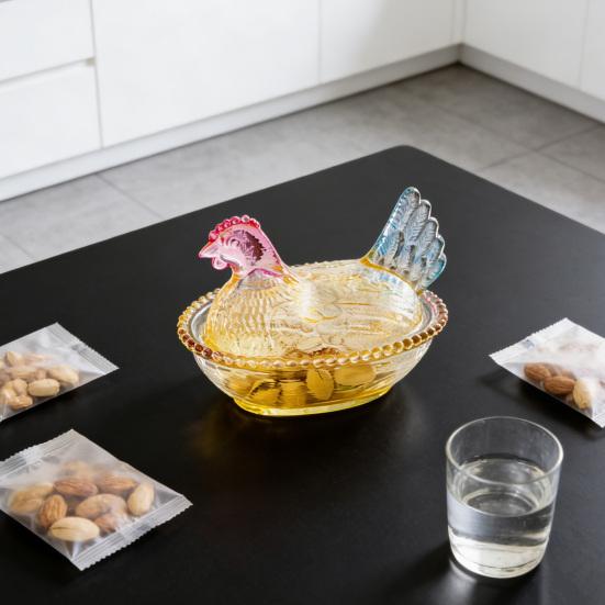 Chicken-Shaped Glass Candy Dish Hen on Nest Dessert Dish with Lid Funny Snack Bowl for Fruits Salads Home Table Decor