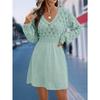 New V-neck beach dress, scale pattern three-dimensional crocheted A-shaped dress, long-sleeved dress.