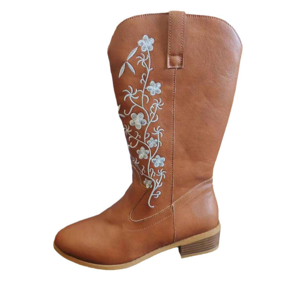 

Fashion European and American Oversized Leather Boots 2024 Autumn and Winter New Print Versatile Waterproof and Simple Mid Top Boots 36 светло-коричневого